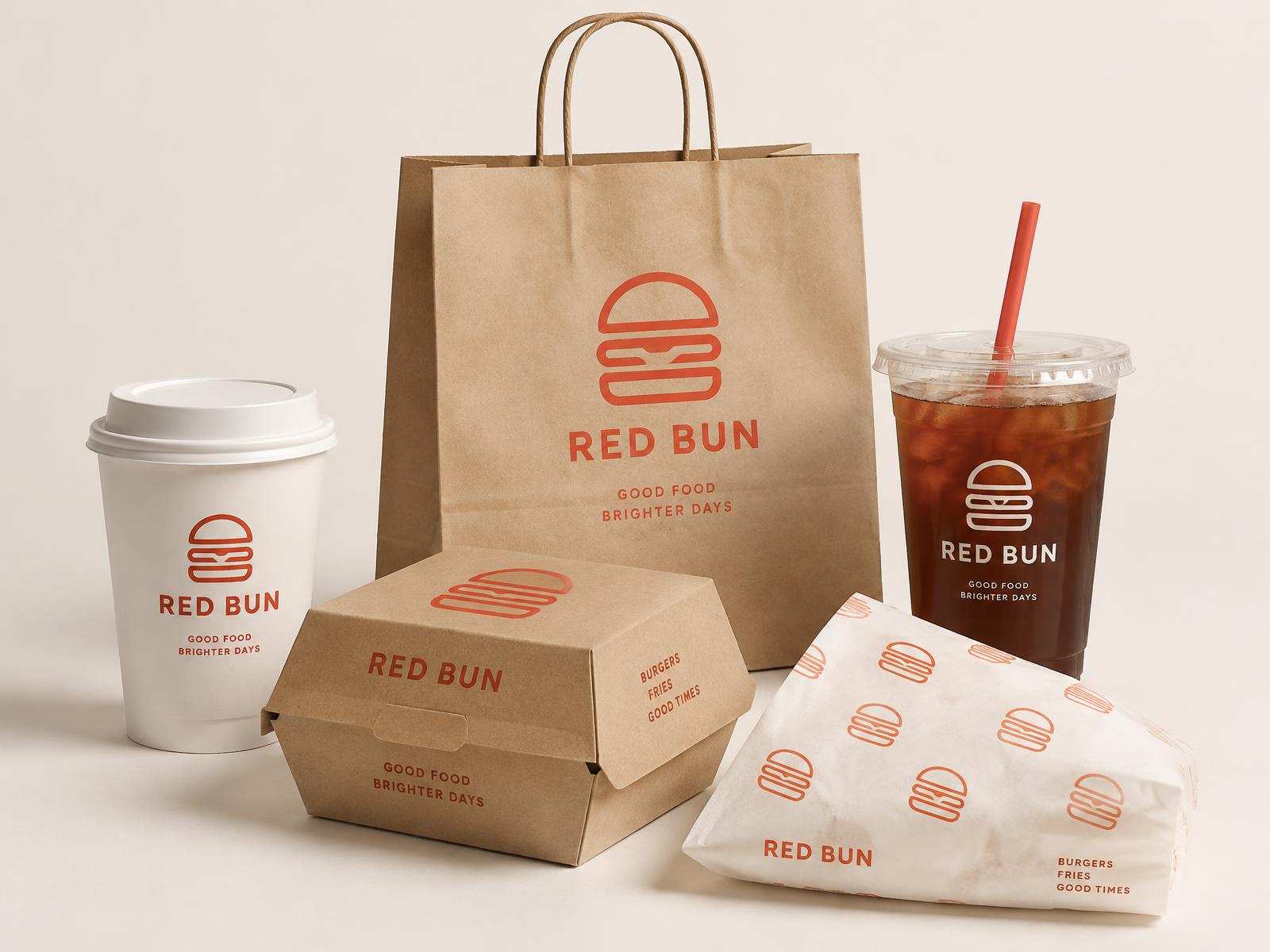 A coordinated range of branded coffee cup, burger box, paper bag, greaseproof wrap and cold cup
