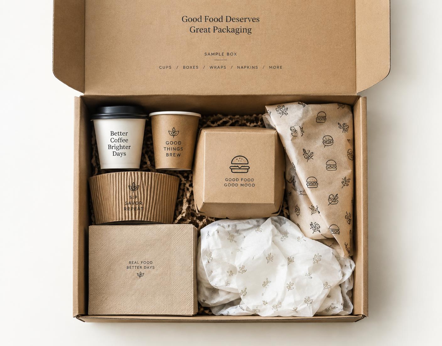 Open PackEasy sample box with cups, sleeve, burger box, wraps and napkins